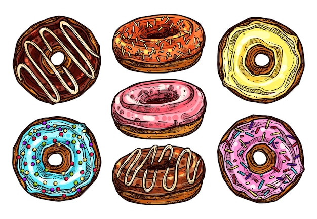 Vector conjunto brillante y colorido de donas en estilo de dibujo. colección de postres dibujados a mano