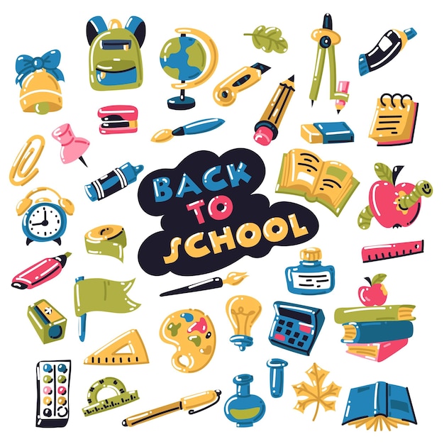 conjunto brillante de elementos escolares en estilo de dibujos animados artículos escolares y de oficina en colección vectorial de colores