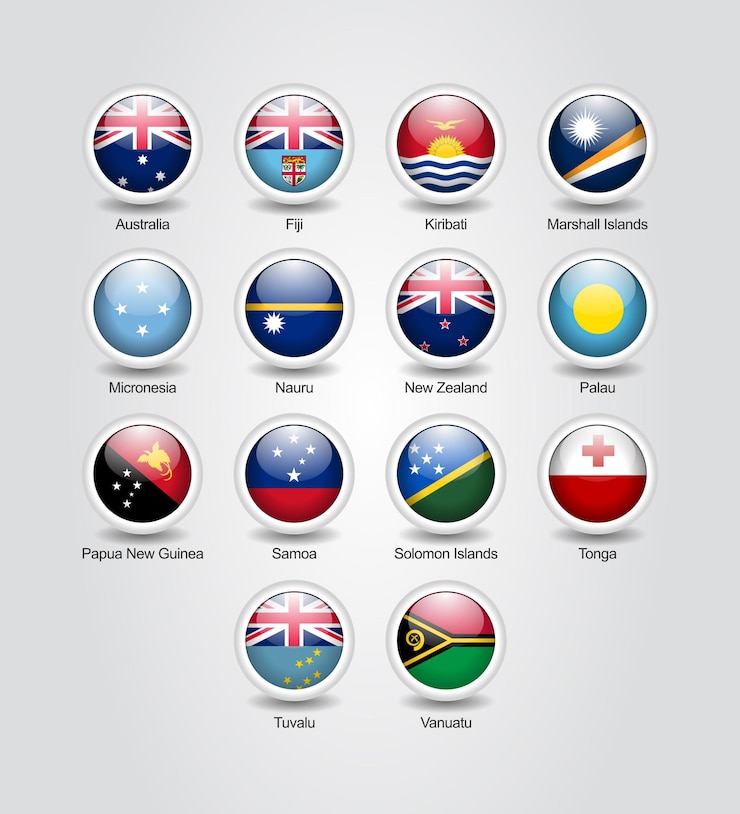 Vector conjunto brillante de iconos 3d para banderas de países de australia y oceanía