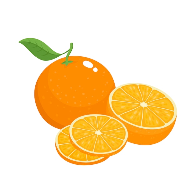 Conjunto brillante de la mitad colorida, rebanada y segmento de naranja jugosa. Naranjas frescas de dibujos animados sobre fondo blanco.