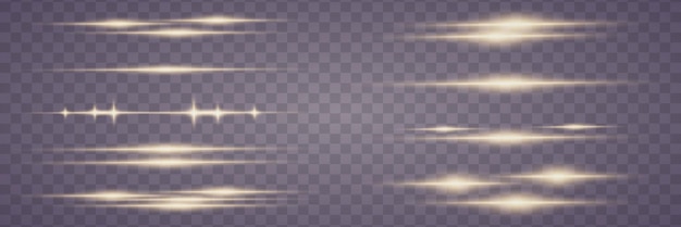 Conjunto de brillantes destellos y luces doradas destellos horizontales de líneas y destellos de luz