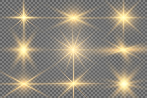Un conjunto de brillantes estrellas hermosas. Efecto de luz. Lucero. Hermosa luz para la ilustración. Estrella de Navidad. Destellos blancos brillan efecto de luz especial. brilla en un fondo transparente.