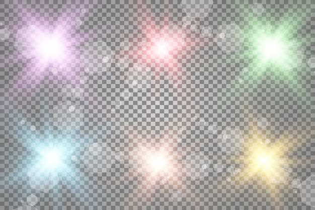 Un conjunto de brillantes estrellas hermosas. Efecto de luz. Lucero. Hermosa luz para la ilustración. Estrella de Navidad. Destellos blancos brillan efecto de luz especial. brilla en un fondo transparente.