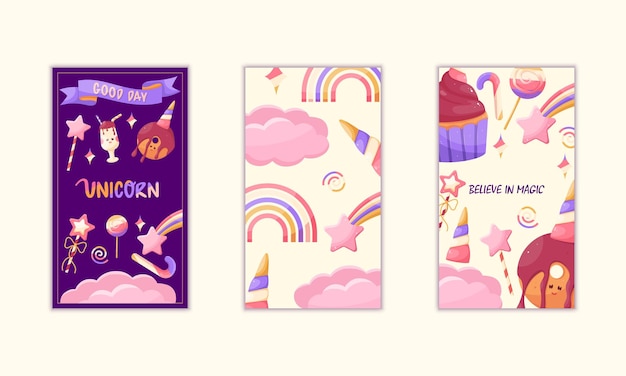 Conjunto de brillantes fondos vectoriales multicolores en colores de unicornio