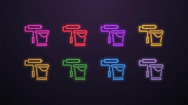Vector un conjunto de brillantes iconos de cubo de neón con un rodillo para pintar en diferentes colores sobre un fondo oscuro un concepto sobre el tema de la construcción