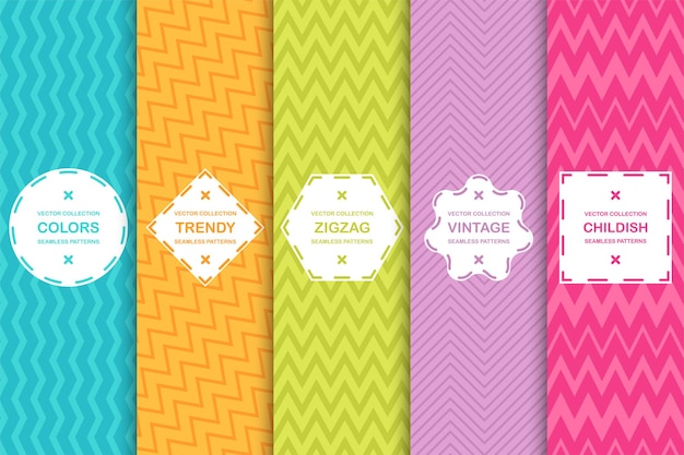 Conjunto de brillantes patrones en zigzag sin costuras, textura de rayas vectoriales, fondos coloridos y elegantes