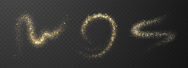 Conjunto de brillo dorado volador disperso partículas brillantes brillo dordo salpicaduras relucientes explosión de polvo de estrellas aisladas en fondo oscuro decoraciones de vacaciones