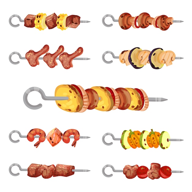 Vector conjunto de brochetas con kebabs aislado en blanco