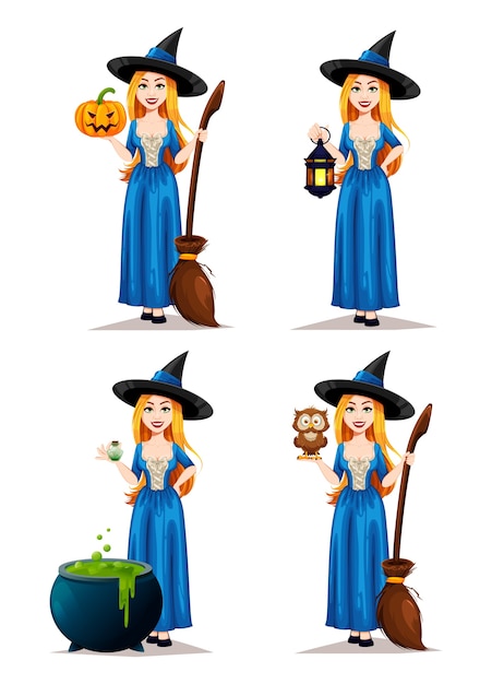 Vector conjunto de bruja de halloween aislado en blanco