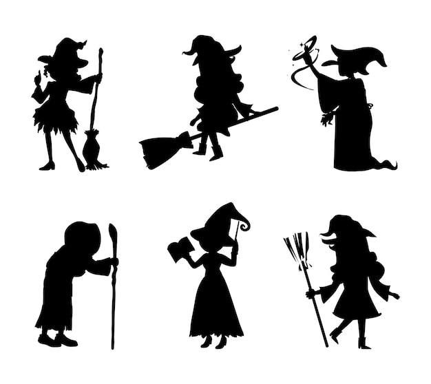 conjunto, de, bruja, plano, aislado, vector, siluetas