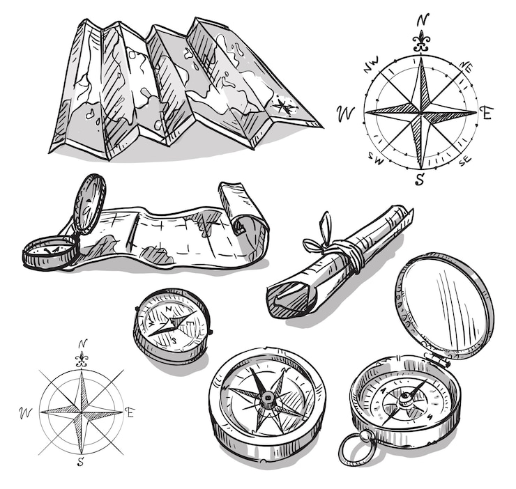 Vector conjunto de brújulas y mapas dibujados a mano dibujo vectorial
