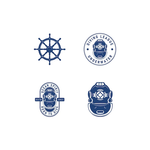 Conjunto de buceo submarino natación emblemas mar buceo pesca submarina logo vector ilustración