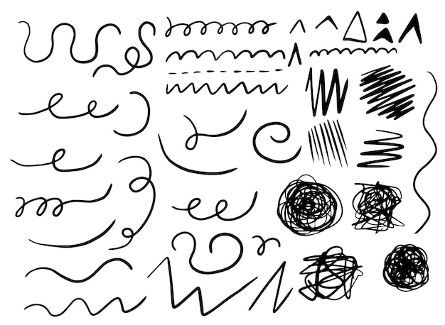 Conjunto de bucles de líneas onduladas Abstracto garabateo curvo Círculo dibujado a mano Elementos de boceto Ilustración vectorial