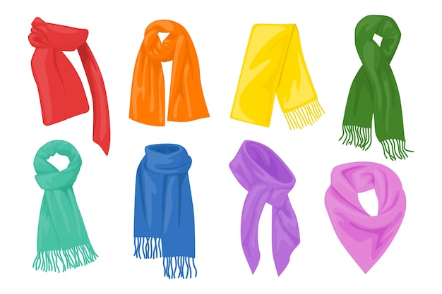 Conjunto de bufandas y chales de colores al estilo de dibujos animados Ilustración vectorial de hermosas bufandas de diferentes formas aisladas sobre un fondo blanco Un elemento elegante de la ropa Protección contra el frío