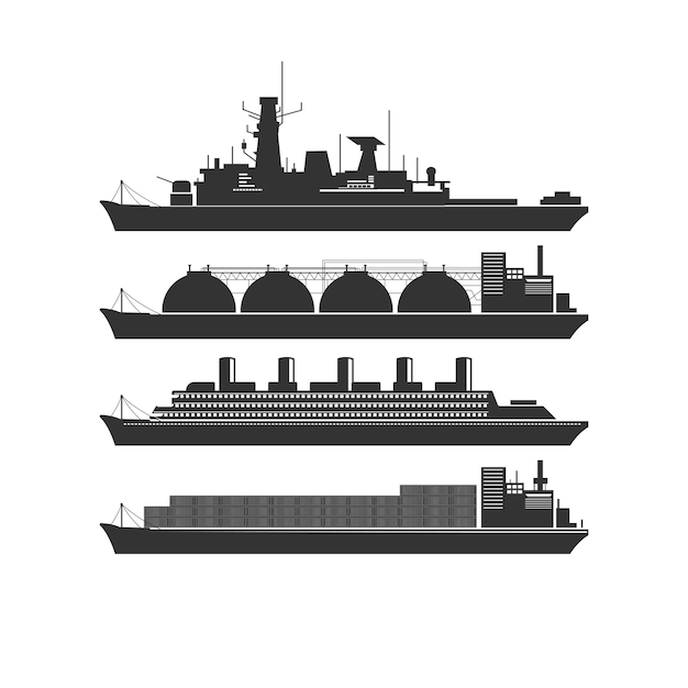 Vector conjunto de buques de guerra buques cisterna de carga y yates buques aislados en fondo blanco