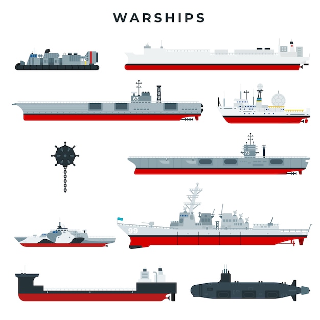 Vector conjunto de buques de guerra de diferentes tipos.