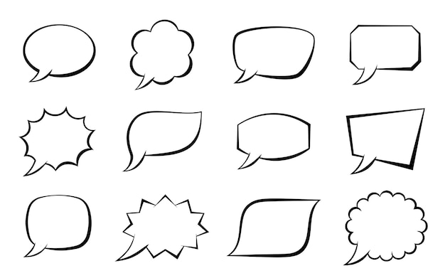 Conjunto de burbujas de discurso de arte pop Plantilla de globo de mensaje de cuadro de texto de página cómica de boceto retro Formas divertidas hablan banner de nube Diálogo de redes sociales en blanco Signo de comentario de chat Marco de efecto de explosión de boom de dibujos animados