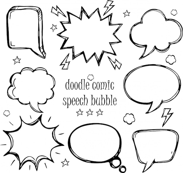 Un conjunto de burbujas de discurso cómico del doodle y elementos con sombras de medios tonos