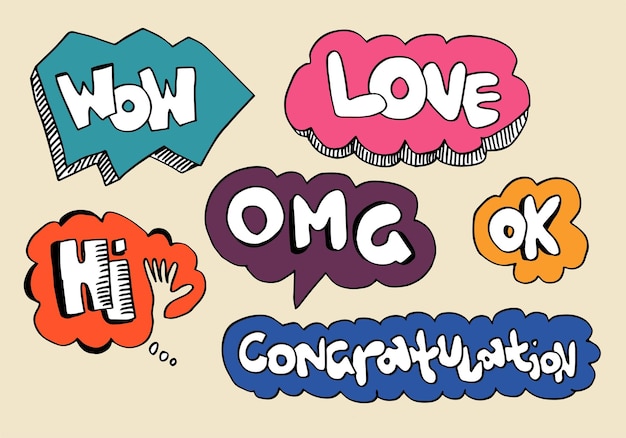 Vector conjunto de burbujas de discurso dibujadas a mano con frases cortas escritas a mano wow love hola omg ok.