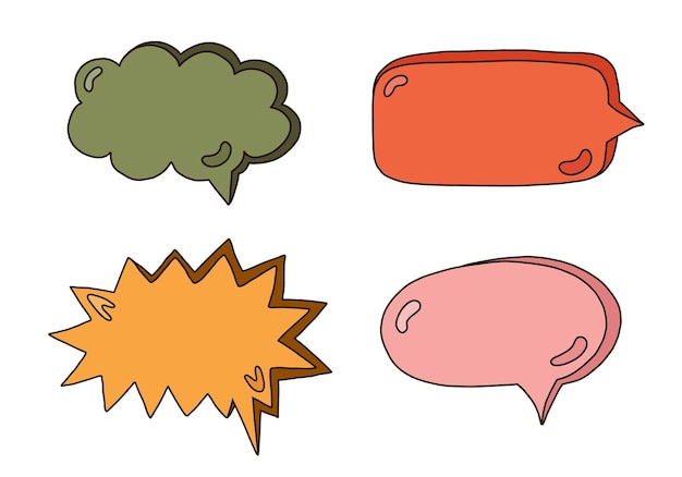 Conjunto de burbujas de discurso dibujadas a mano Nubes de chat en línea vacías en las diferentes formas Burbujas en forma de corazón de nube cuadrada redonda ovalada para información de frases de conversación de texto Garabatos aislados coloridos