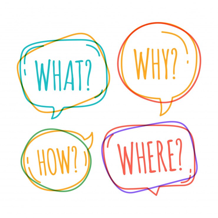 Vector conjunto de burbujas de discurso diferentes en estilo doodle con texto por qué qué cómo dónde pregunta dentro
