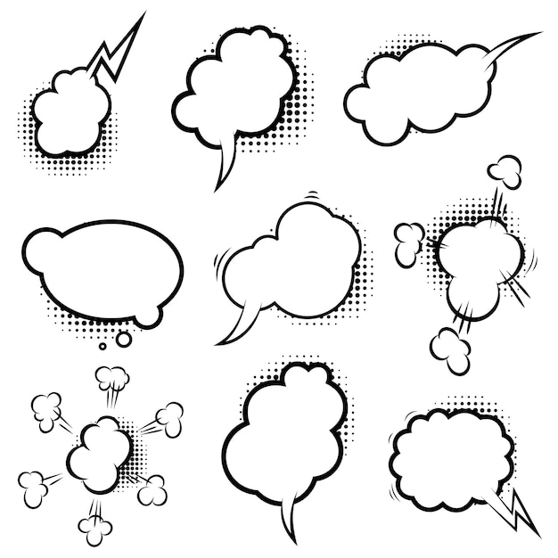 Conjunto de burbujas de discurso de estilo cómic vacías con sombras de semitono. Elemento de diseño de carteles, emblemas, letreros, pancartas, volantes. Ilustración vectorial