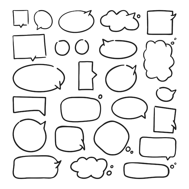 Conjunto de burbujas de discurso Estilo Doodle boceto dibujado a mano Ilustración vectorial aislado sobre fondo blanco