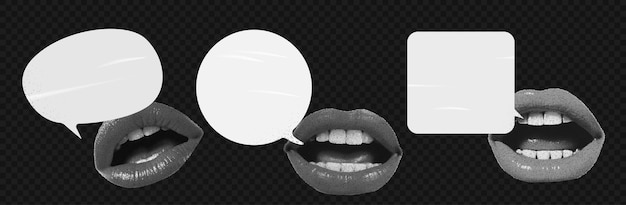 Vector un conjunto de burbujas de discurso con labios collagecut en blanco y negro de una revista con elementos retro para el