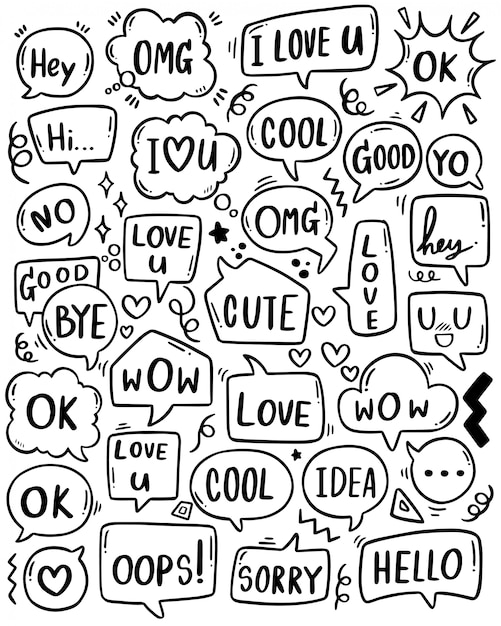 Conjunto de burbujas de discurso lindo dibujado a mano con texto en estilo doodle