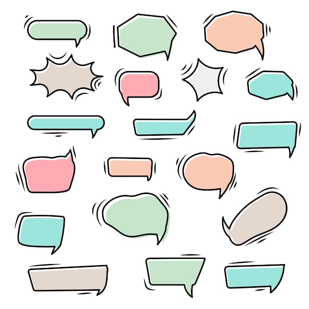 Conjunto de burbujas de habla coloridas Etiquetas de dibujos animados o cómics Discurso cómico Ilustración vectorial de diseño plano aislada en el fondo