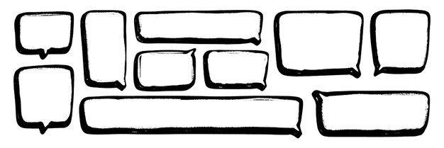 Conjunto de burbujas de habla cuadradas en estilo cómico Marcos verticales y horizontales dibujados a mano con espacio para texto y una textura de lápiz raspado grunge con un efecto de medio tono