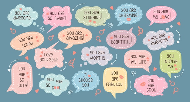 Conjunto de burbujas de habla inspiradoras con citas de cumplidos sobre el amor por ti mismo y por los demás