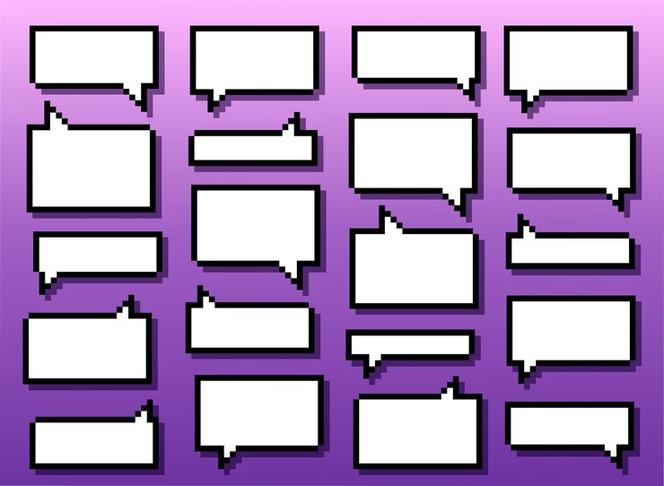 Vector conjunto de burbujas de habla de píxeles retro en fondo gradiente