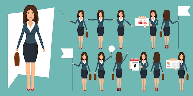 Conjunto de businesswomans en diferentes posiciones ilustración en estilo plano