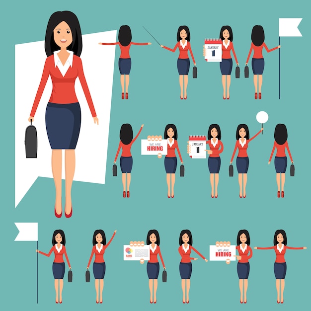 Conjunto de businesswomans en diferentes posiciones ilustración en estilo plano