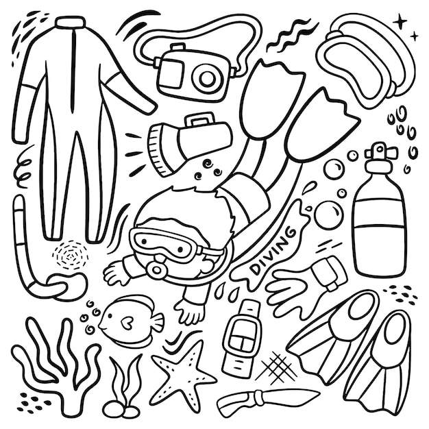 Conjunto de buzo de dibujos animados y equipo en estilo Doodle Vector