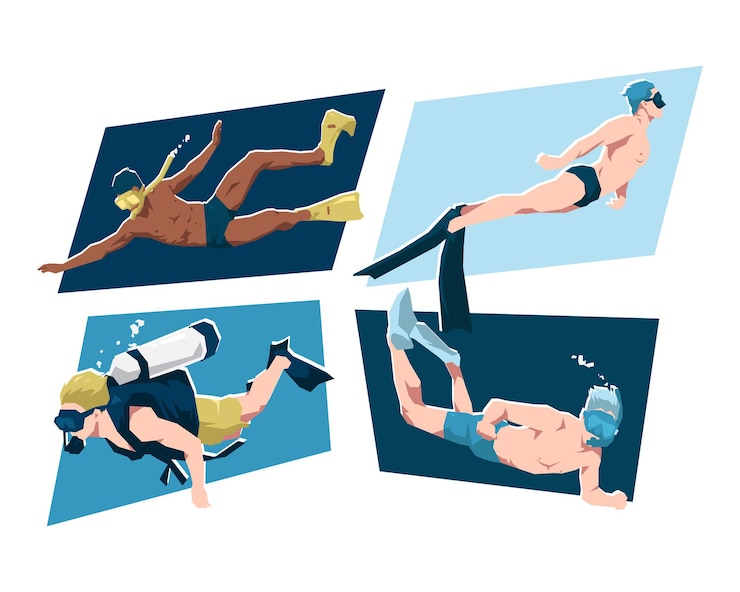 Vector conjunto de buzos libres masculinos de snorkel y buceo con buceo personaje nadador vector plano de deporte submarino