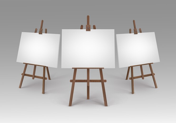 Vector conjunto de caballetes de madera marrón con simulacros de lienzos en blanco vacíos aislado sobre fondo