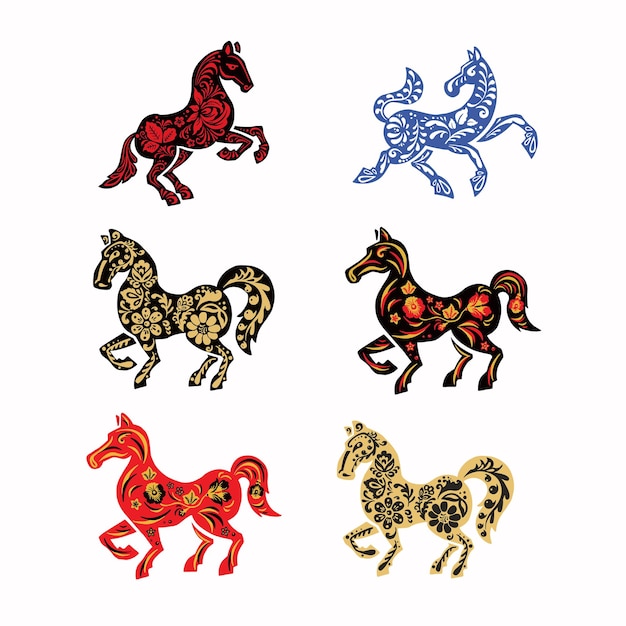 Vector conjunto de caballos de caballo con ilustración vectorial etno retro eps 10