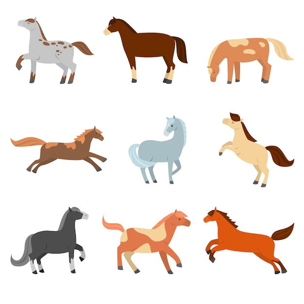 Un conjunto de caballos de dibujos animados lindo de diferente configuración, color y color.