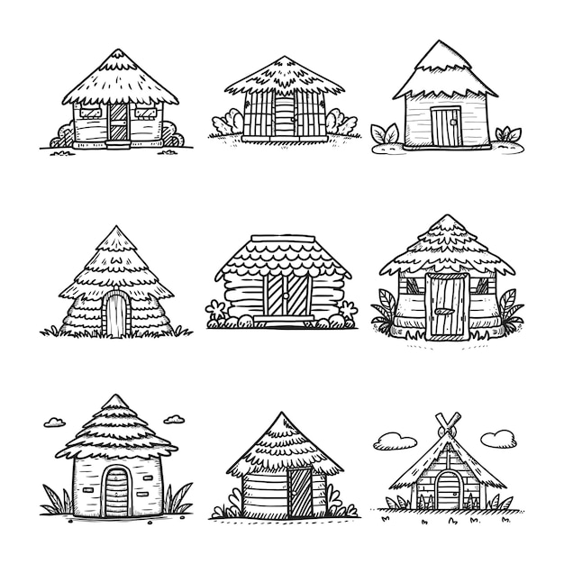 Un conjunto de la cabaña dibujo de arte vectorial de línea de arte