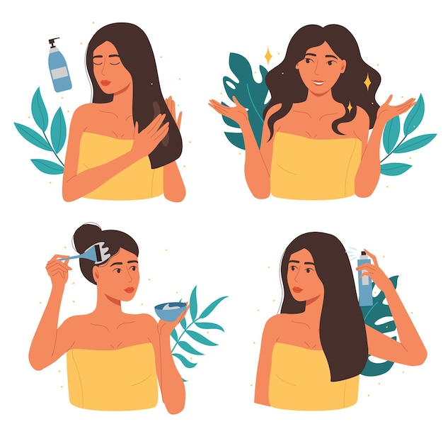 Vector conjunto de cabello de cuidado de belleza de mujer chica joven de dibujos animados aplicando tratamiento personaje femenino muriendo y rizando el cabello peinado ondulado