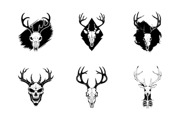 conjunto de cabeza de ciervo esqueleto de cráneo arte vectorial diseño de silueta estilo plantilla en blanco y negro