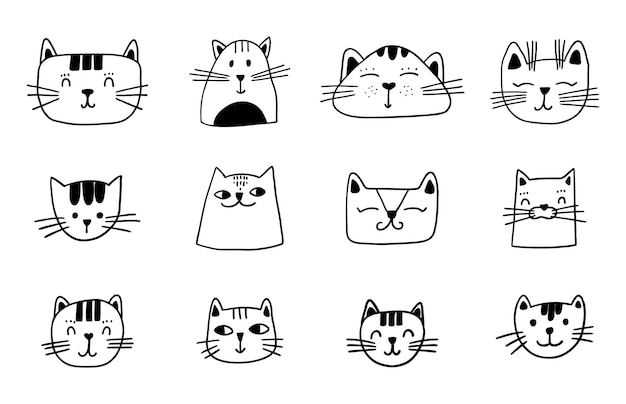 Conjunto de cabeza de gato bonito Bocetos lineales de gatito divertido Ilustración de gatos vectoriales para impresión de pegatinas impresas en camisetas