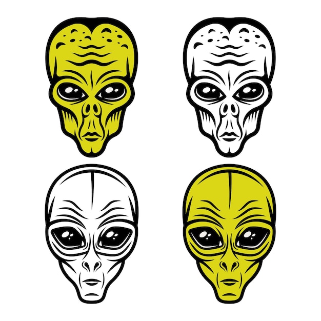 Vector conjunto de cabezas alienígenas de objetos vectoriales o elementos de diseño aislados en fondo blanco