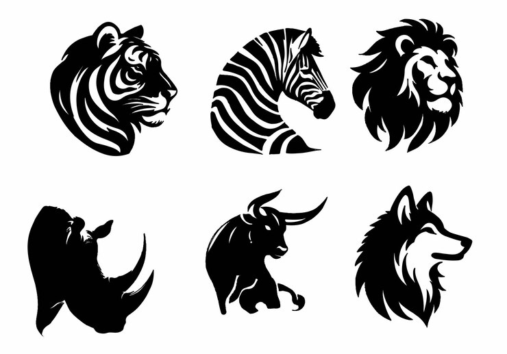 conjunto de cabezas de animales dibujadas a mano en blanco y negro para el diseño del logotipo