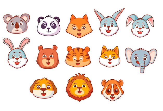 Conjunto de cabezas de animales de dibujos animados Animales salvajes Animales incluyendo un panda zorro oso koala conejo conejo