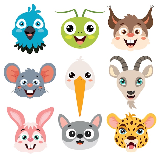 Vector conjunto de cabezas de animales de dibujos animados