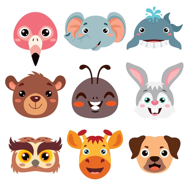 Vector conjunto de cabezas de animales de dibujos animados