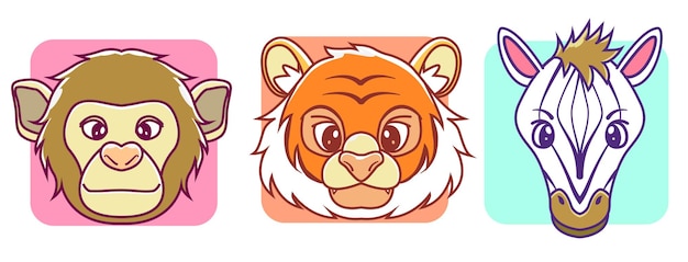 conjunto de cabezas de animales mono tigre cebra dibujos animados vector icono ilustración mascota animal aislado